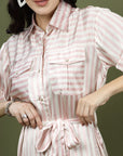 Shirt Collar Short Sleeves Striped Shirt Midi Dress