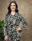 Black Floral Printed Long Sleeves Shirt With Trousers