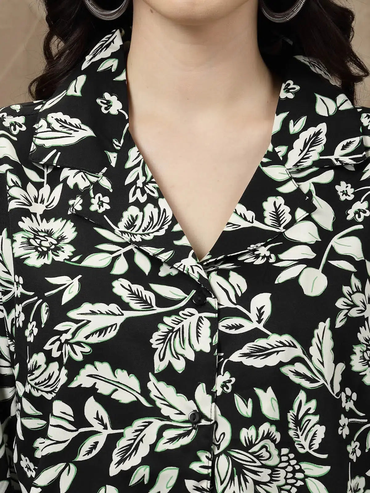 Black Floral Printed Long Sleeves Shirt With Trousers