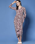 Maroon Floral Printed Shirt Collar Gathered Detailed Warp Midi Dress