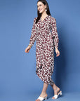 Maroon Floral Printed Shirt Collar Gathered Detailed Warp Midi Dress