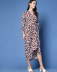 Maroon Floral Printed Shirt Collar Gathered Detailed Warp Midi Dress