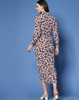 Maroon Floral Printed Shirt Collar Gathered Detailed Warp Midi Dress