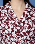 Maroon Floral Printed Shirt Collar Gathered Detailed Warp Midi Dress