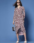 Maroon Floral Printed Shirt Collar Gathered Detailed Warp Midi Dress