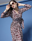 Maroon Floral Printed Shirt Collar Gathered Detailed Warp Midi Dress