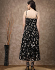 Black Abstract Printed Shoulder Straps Gathered Tiered A-Line Maxi Dress