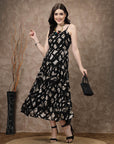 Black Abstract Printed Shoulder Straps Gathered Tiered A-Line Maxi Dress