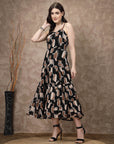 Black & Brown Abstract Printed Shoulder Straps Tiered Detail A-Line Maxi Dress