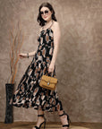 Black & Brown Abstract Printed Shoulder Straps Tiered Detail A-Line Maxi Dress