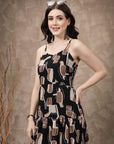 Black & Brown Abstract Printed Shoulder Straps Tiered Detail A-Line Maxi Dress