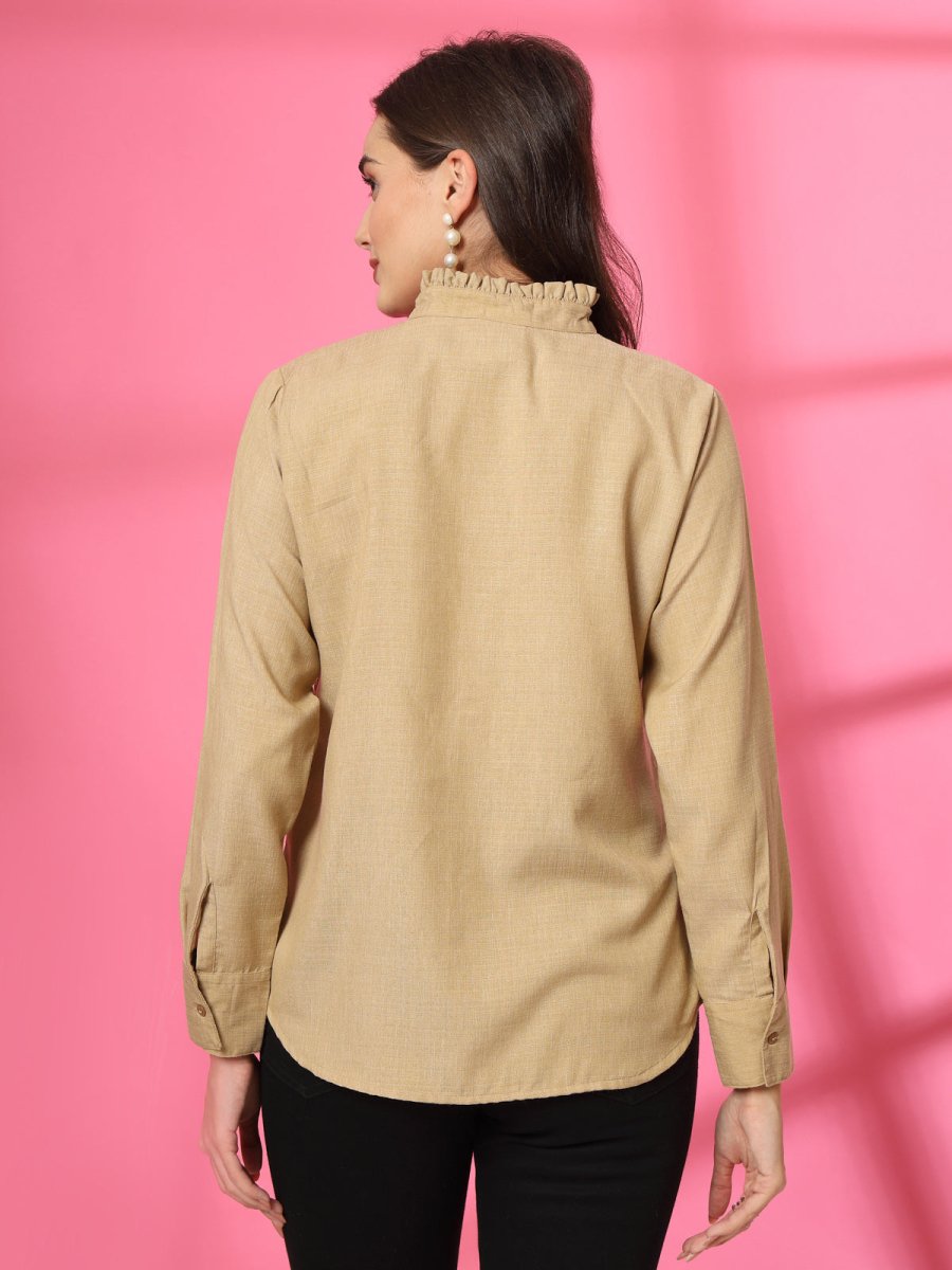 Women Beige Floral Embroidered Cotton Buttoned Top