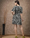 Black Floral Printed Puff Sleeves Gathered A-Line Dress