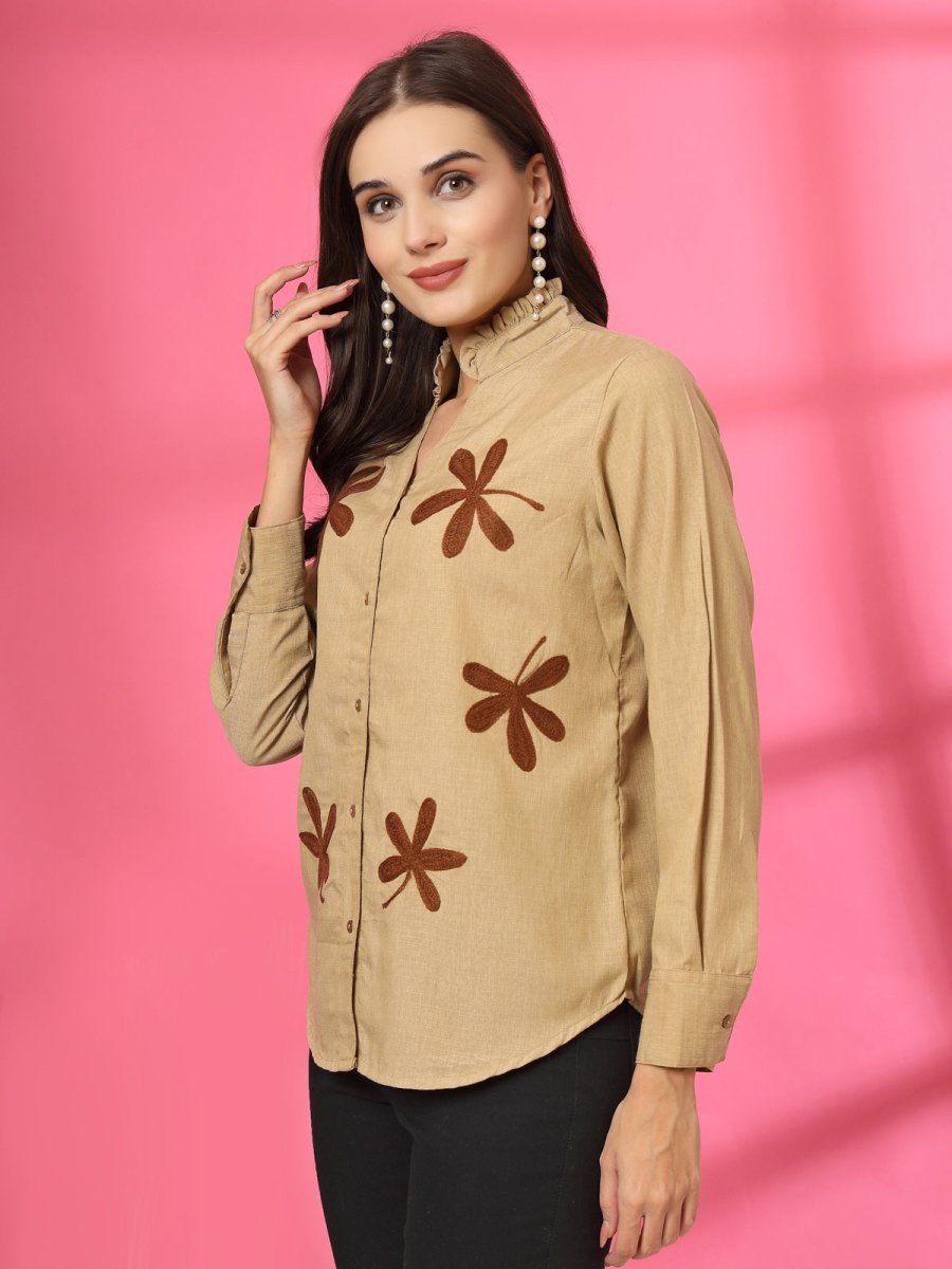 Women Beige Floral Embroidered Cotton Buttoned Top
