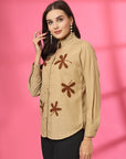 Women Beige Floral Embroidered Cotton Shirt