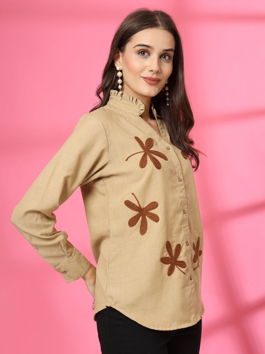 Women Beige Floral Embroidered Cotton Buttoned Top