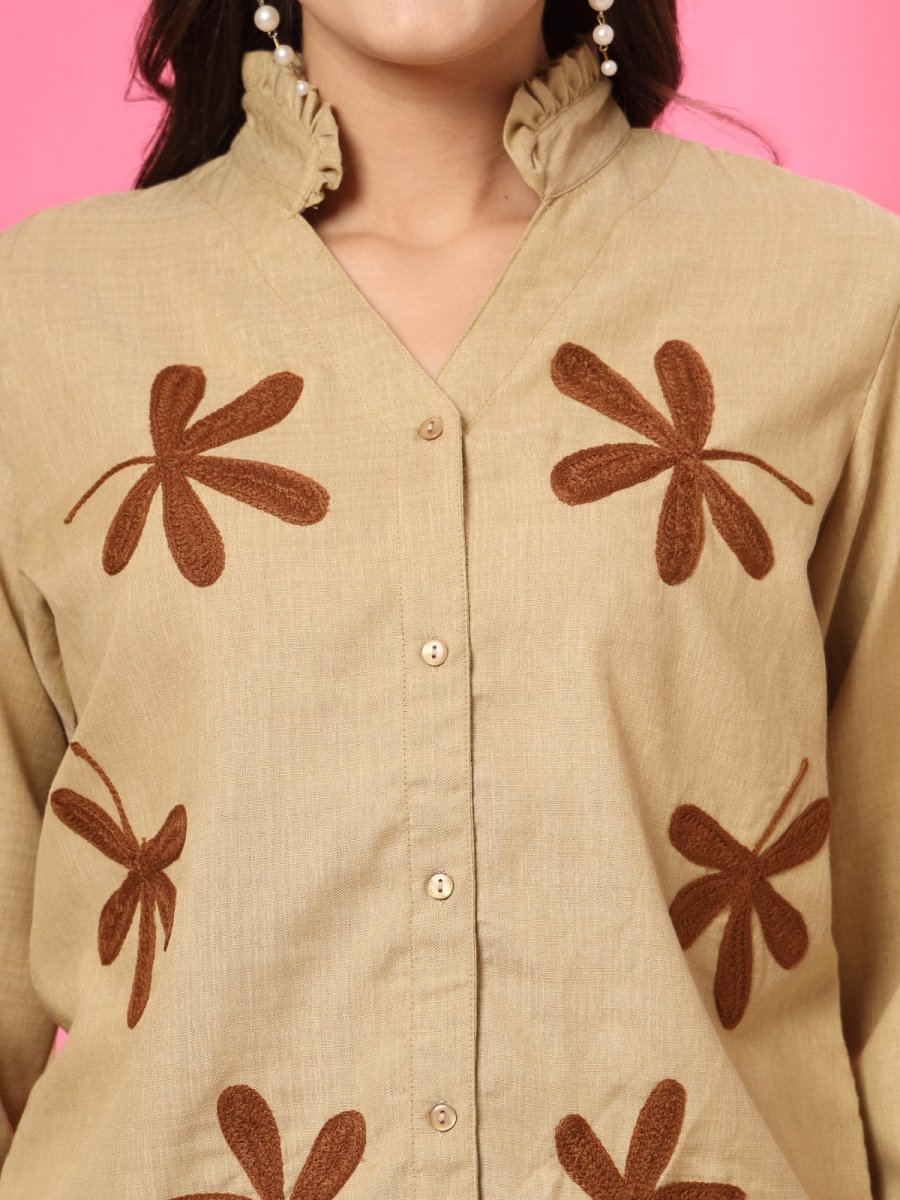 Women Beige Floral Embroidered Cotton Buttoned Top