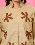 Women Beige Floral Embroidered Cotton Shirt