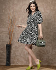 Black Floral Printed Puff Sleeves Gathered A-Line Dress