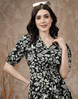 Black Floral Printed Puff Sleeves Gathered A-Line Dress