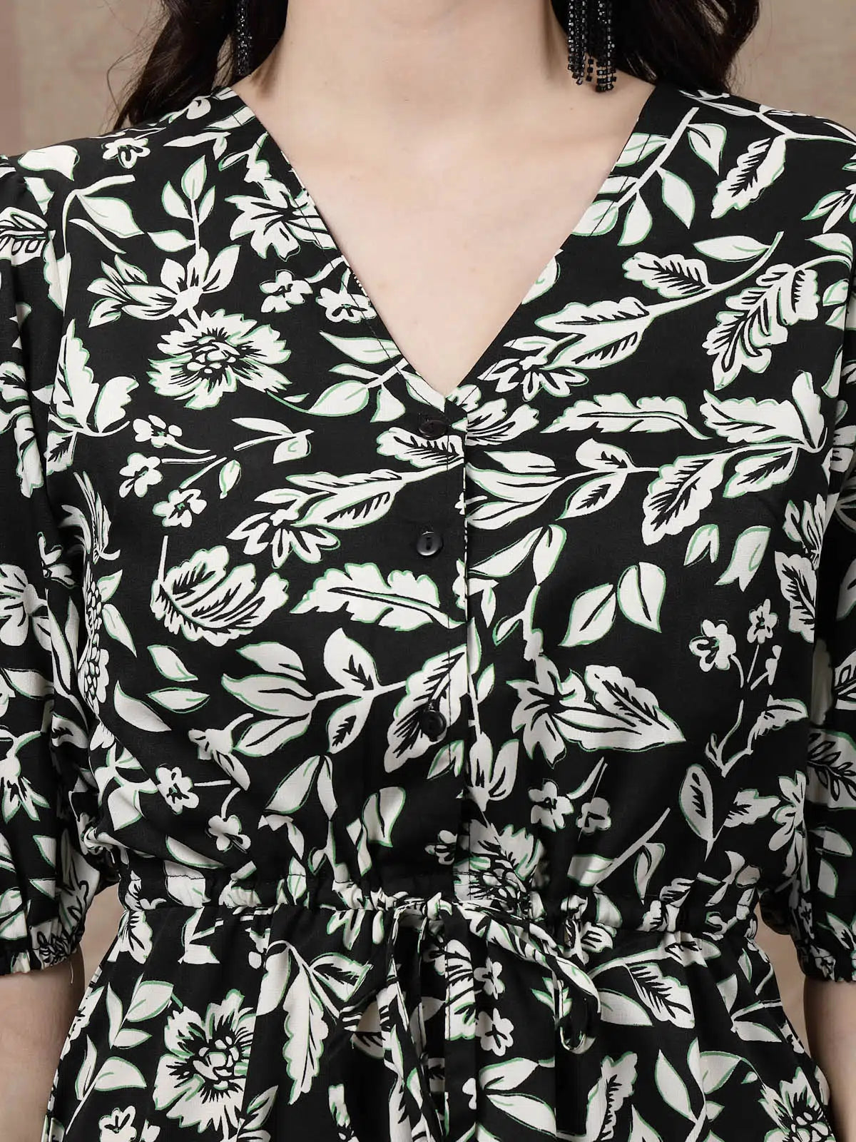 Black Floral Printed Puff Sleeves Gathered A-Line Dress