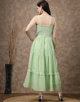 Sea Green Striped Embellished Shoulder Straps Gathered & Tiered Detail Maxi Dress