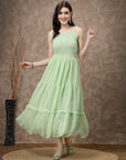 Sea Green Striped Embellished Shoulder Straps Gathered & Tiered Detail Maxi Dress