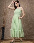 Sea Green Striped Embellished Shoulder Straps Gathered & Tiered Detail Maxi Dress