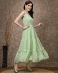 Sea Green Striped Embellished Shoulder Straps Gathered & Tiered Detail Maxi Dress