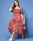 Maroon Floral Print Puff Sleeve Fit  Flare Midi Dress