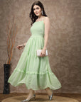 Sea Green Striped Embellished Shoulder Straps Gathered & Tiered Detail Maxi Dress