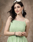 Sea Green Striped Embellished Shoulder Straps Gathered & Tiered Detail Maxi Dress