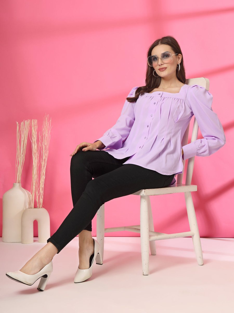 Women Collarless Solid Full Sleeves Buttoned Top
