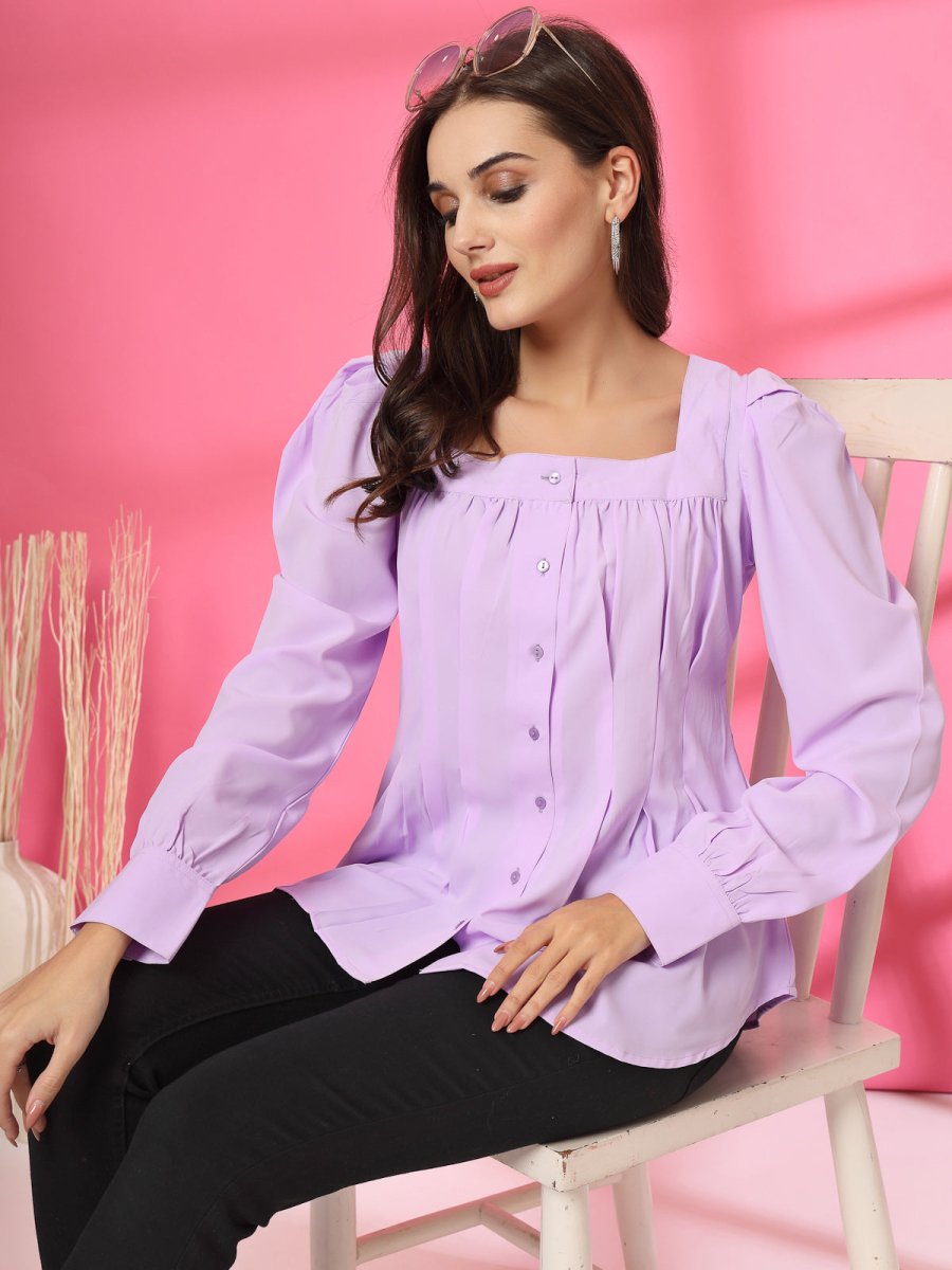 Women Collarless Solid Full Sleeves Buttoned Top