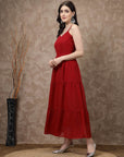 Red Striped Embellished Shoulder Straps Gathered & Tiered Detail Maxi Dress