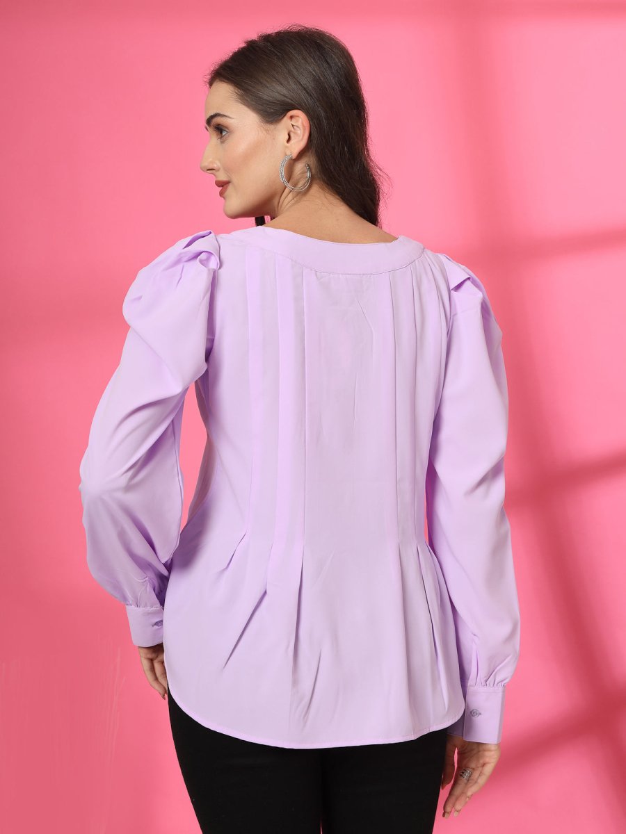 Women Collarless Solid Full Sleeves Buttoned Top