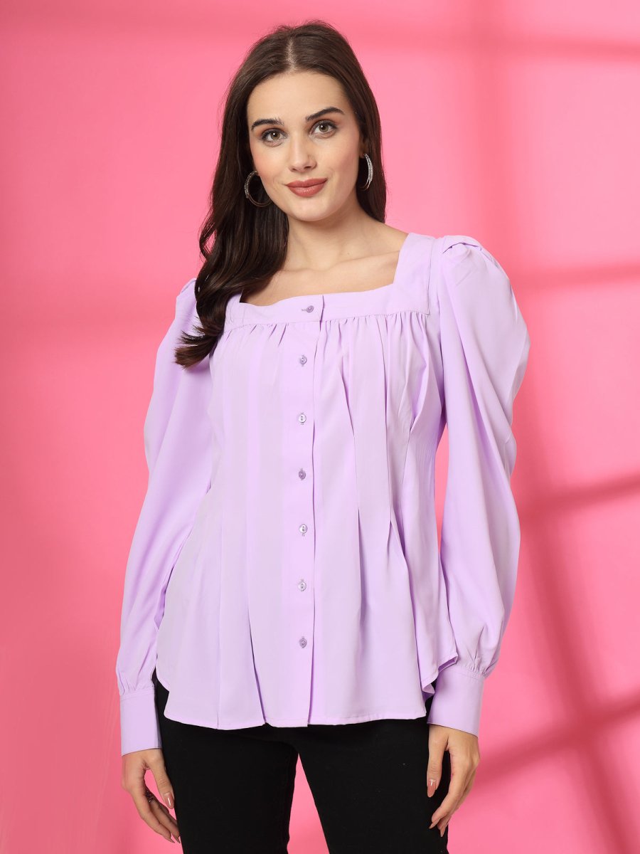 Women Collarless Solid Full Sleeves Buttoned Top