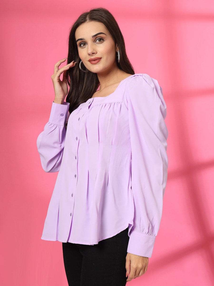 Women Collarless Solid Full Sleeves Buttoned Top