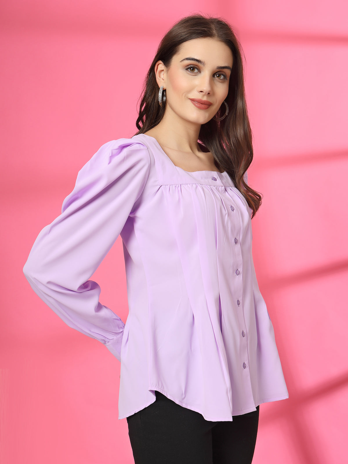 Women Collarless Solid Full Sleeves Shirt