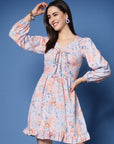 Pink Floral Printed Tie-Up Neck Puff Sleeve Fit  Flare Mini Dress