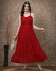 Red Striped Embellished Shoulder Straps Gathered & Tiered Detail Maxi Dress