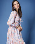 Pink Floral Printed Tie-Up Neck Puff Sleeve Fit  Flare Mini Dress