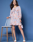 Pink Floral Printed Tie-Up Neck Puff Sleeve Fit  Flare Mini Dress