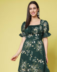 Green Floral Print Square Neck Puff Sleeve Fit  Flare Dress