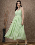 Sea Green Striped Shoulder Straps Maxi Dress