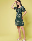 Green Floral Print Square Neck Puff Sleeve Fit  Flare Dress