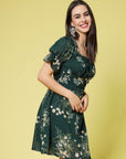 Green Floral Print Square Neck Puff Sleeve Fit  Flare Dress