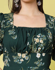 Green Floral Print Square Neck Puff Sleeve Fit  Flare Dress