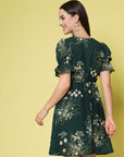 Green Floral Print Square Neck Puff Sleeve Fit  Flare Dress