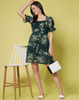 Green Floral Print Square Neck Puff Sleeve Fit  Flare Dress